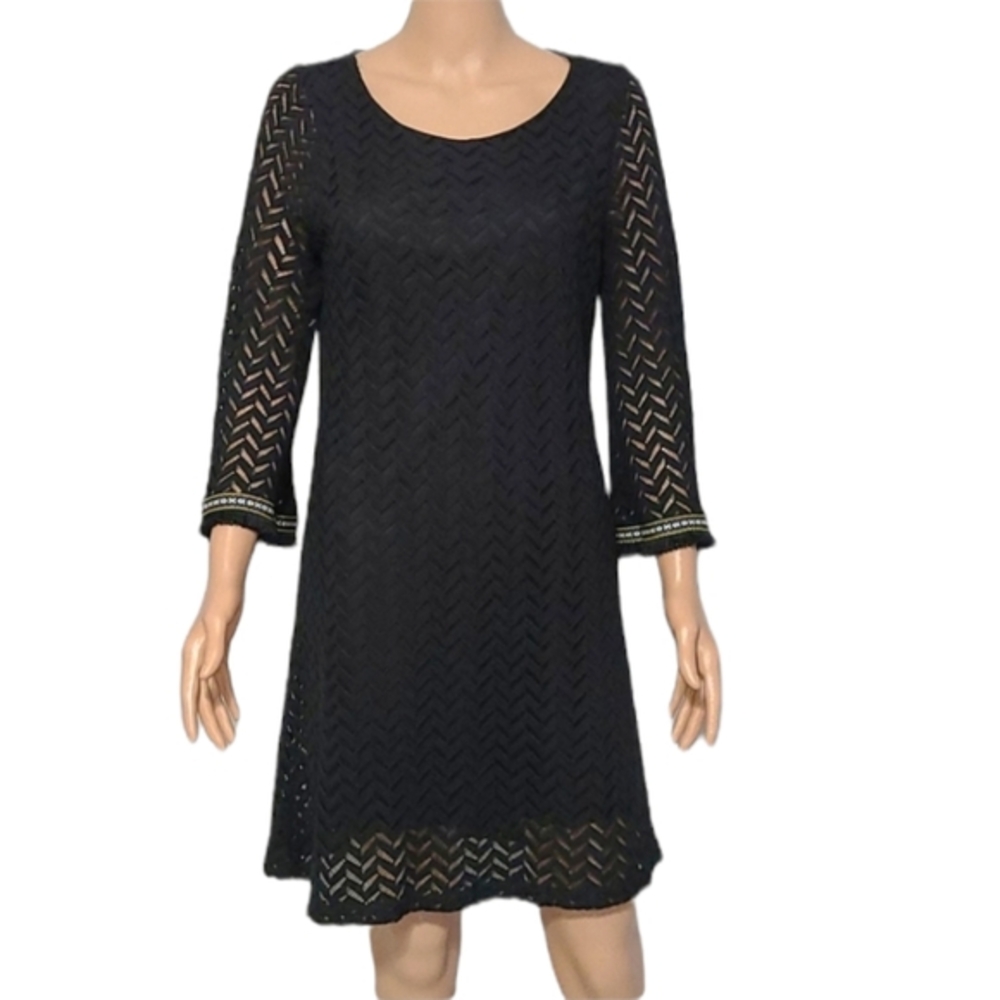 Zouk Black Lace Boho Dress  Embroidered Trim Fringe Size Large Women Beach Lined